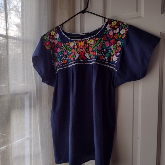 navy blue baby doll bohemian embroidery top XL - Picture 4 of 4
